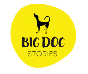 Big Dog Stories logo. Yellow circle with howling dog.